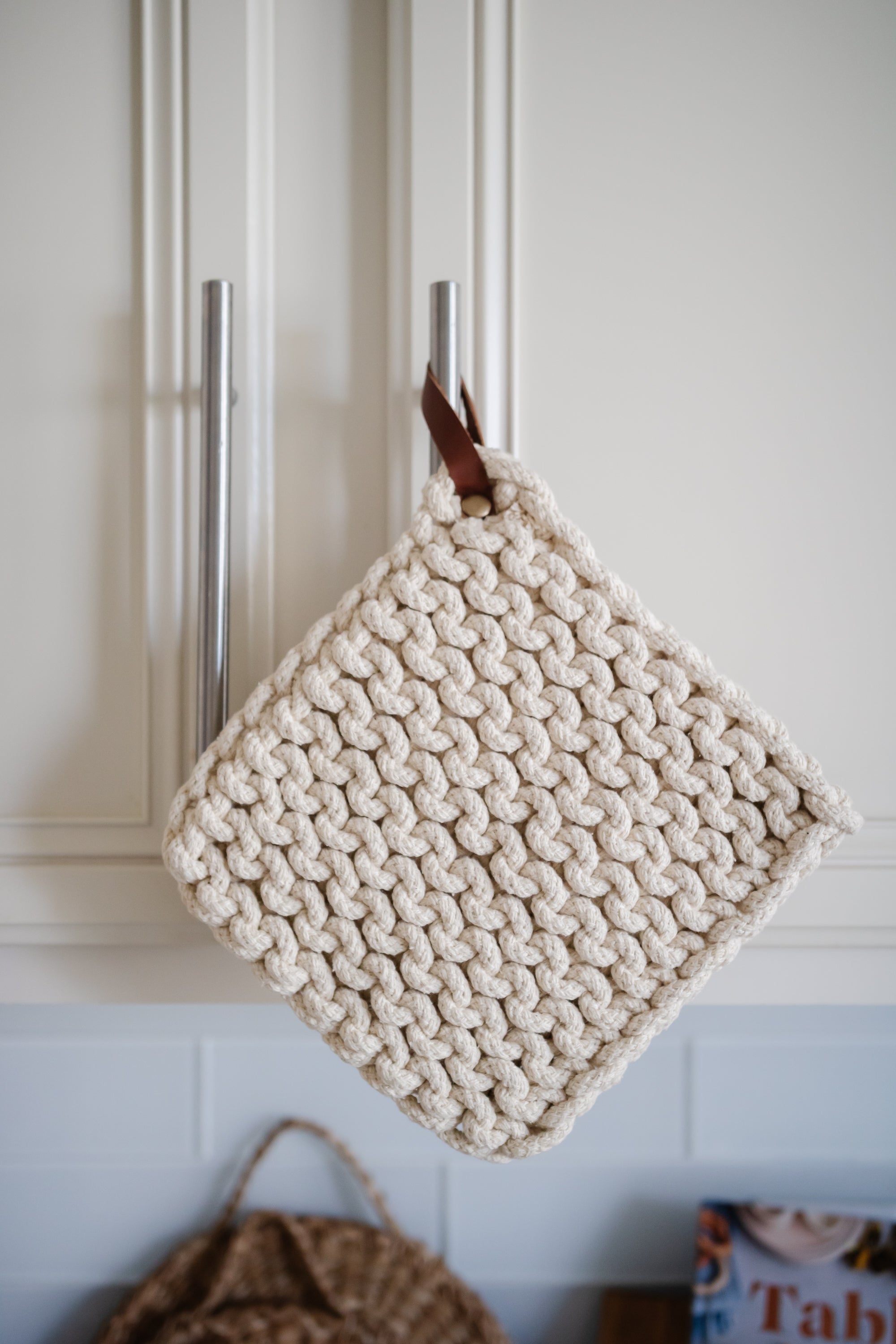 Woven Cotton Pot Holder & Leather Loop